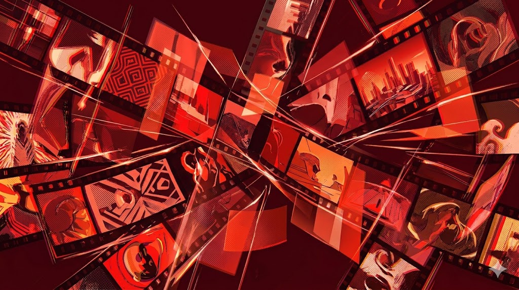 Abstract cinematic artwork for creating a watchlist with AI