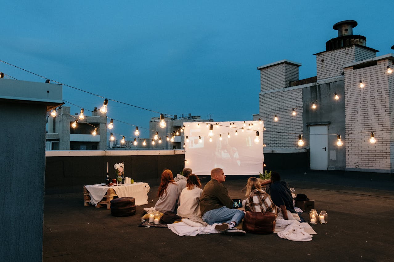 A cozy living room set up for a group movie night